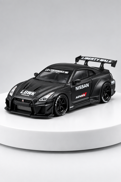 Nissan GT-R 35GT-RR LBWK matte black 1:64 diecast front three-quarter studio view