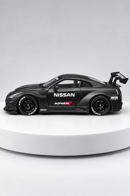 Nissan GT-R 35GT-RR LBWK matte black 1:64 diecast side studio view