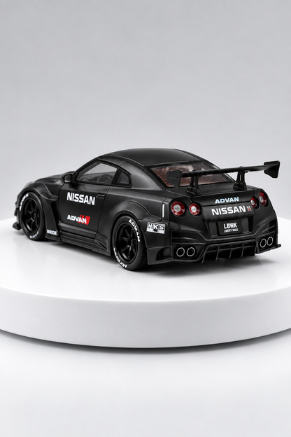 Nissan GT-R 35GT-RR LBWK matte black 1:64 diecast rear three-quarter studio view