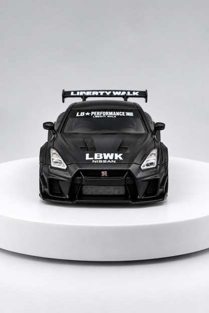 Nissan GT-R 35GT-RR LBWK matte black 1:64 diecast front studio view