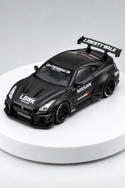 Nissan GT-R 35GT-RR LBWK matte black 1:64 diecast elevated studio view