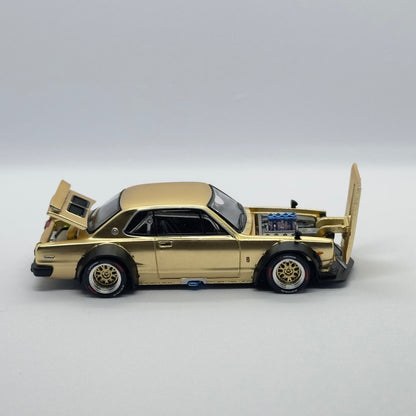 POP RACE PP64-248 Skyline GT-R V8 Drift Hakosuka gold 1:64 diecast side view with open hood and trunk