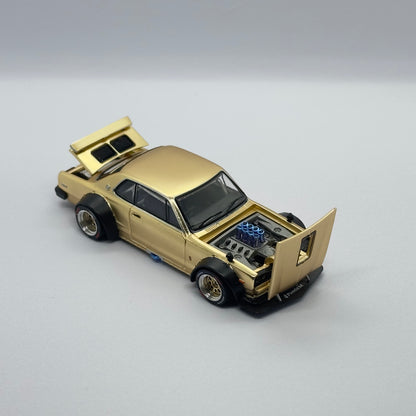 POP RACE PP64-248 Skyline GT-R V8 Drift Hakosuka gold 1:64 diecast front three-quarter view with open hood