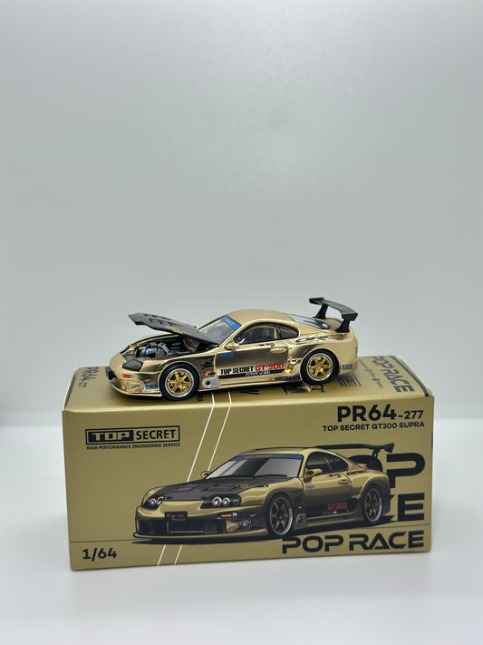 POP RACE PR64-277 Top Secret GT300 Supra gold 1:64 diecast with box and open hood