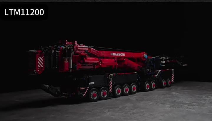 Load video: LTM11200 Liebherr crane MOC building block model in red and black, featuring remote-controlled motorized lifting, 360-degree rotation, and extendable multi-stage boom. High-tech engineering toy for adults.