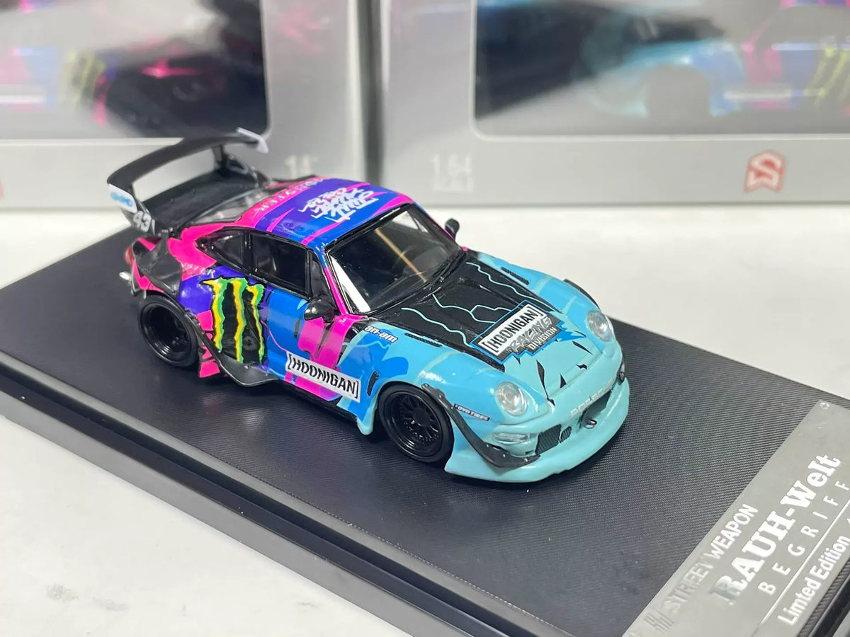 Street Weapon 1:64 Porsche 911 RWB 993 Hoonigan Monster livery front three-quarter view