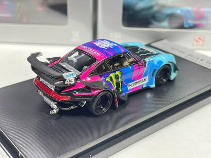 Street Weapon 1:64 Porsche 911 RWB 993 Hoonigan Monster livery rear three-quarter view