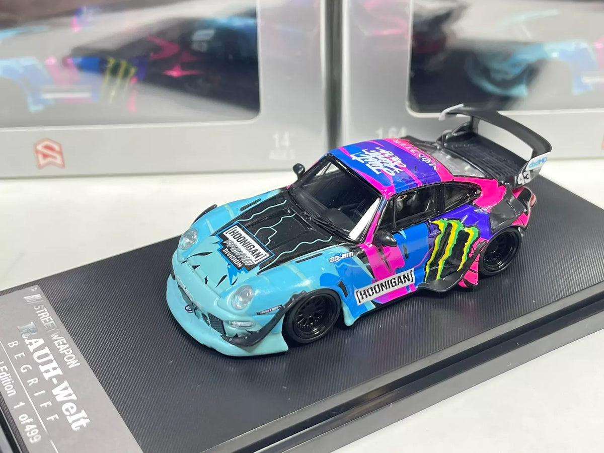Street Weapon 1:64 Porsche 911 RWB 993 Hoonigan Monster livery front angled view